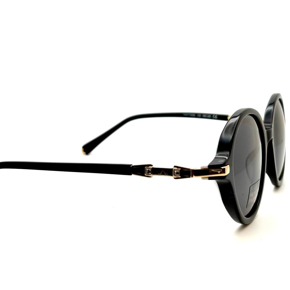 Round Black Acetate Sunglasses Gold Metal Accents, White Interior laminate - Picture 6 of 9